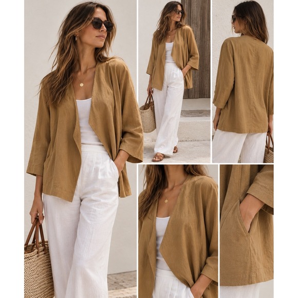 Donna Karan New York Jackets & Blazers - Donna Karan Open Front Jacket Womens XS Oversized Tan 100% Linen Lightweight